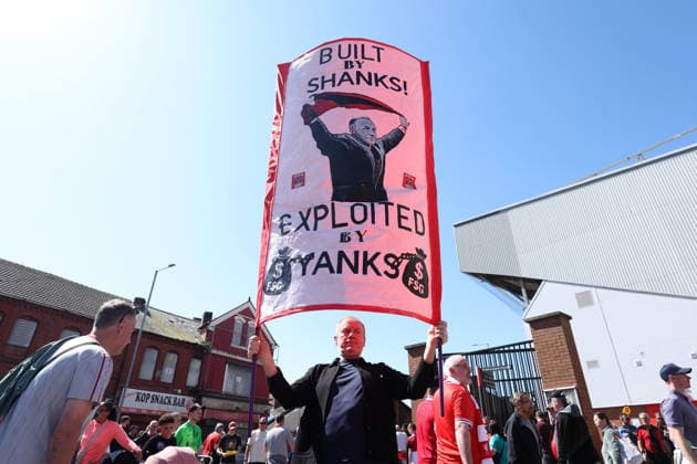 Liverpool, England, 25th April 2026. Banners are seen outside the stadium in protest of the decision to increase ticket prices prior to the Liverpool vs Crystal Palace Premier League match at Anfield, Liverpool. Picture credit should read: Jessica Hornby Sportimage EDITORIAL USE ONLY. No use with unauthorised audio, video, data, fixture lists, club league logos or live services. Online in-match use limited to 120 images, no video emulation. No use in betting, games or single club league player publications. SPI_022_JH_LIVERPOOL_CRYSTAL_PALACE SPI-4733-0022