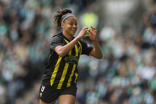 260425 Felicia Schröder of Häcken celebrates the 0 1 goal during the UEFA Women s Europa Cup final match leg 1 between Hammarby and Häcken on April 25, 2026 in Stockholm Photo Caisa Rasmussen BILDBYRAN COP 353 JN0267 fotboll football soccer fotball europa cup hammarby häcken uefa womens europa cup dam bbeng jubel  Copyright: CAISAxRASMUSSEN BB260425CR007