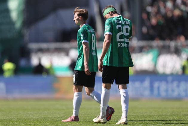 Soccer 2 Bundesliga 31 Matchday SC Preußen Münster DSC Arminia Bielefeld on 25 04 2026 at LVM Preußenstadion in Münster Joshua Mees Münster , back Imad Rondic Münster , front disappointed after the end of the match DFL regulations prohibit any use of photographs as image sequences and or quasi video xJRx