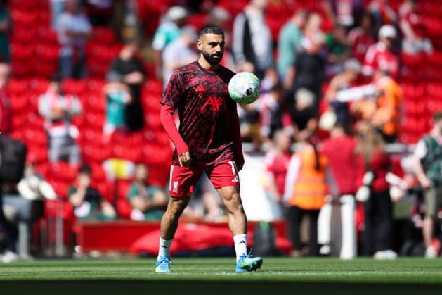 Liverpool, England, 25th April 2026. Mohamed Salah of Liverpool warms up prior to the Liverpool vs Crystal Palace Premier League match at Anfield, Liverpool. Picture credit should read: Jessica Hornby Sportimage EDITORIAL USE ONLY. No use with unauthorised audio, video, data, fixture lists, club league logos or live services. Online in-match use limited to 120 images, no video emulation. No use in betting, games or single club league player publications. SPI_026_JH_LIVERPOOL_CRYSTAL_PALACE SPI-4733-0026