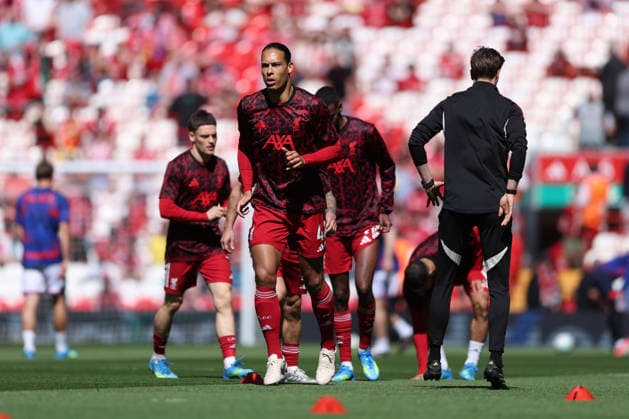 Liverpool, England, 25th April 2026. Virgil van Dijk of Liverpool warms up prior to the Liverpool vs Crystal Palace Premier League match at Anfield, Liverpool. Picture credit should read: Jessica Hornby Sportimage EDITORIAL USE ONLY. No use with unauthorised audio, video, data, fixture lists, club league logos or live services. Online in-match use limited to 120 images, no video emulation. No use in betting, games or single club league player publications. SPI_029_JH_LIVERPOOL_CRYSTAL_PALACE SPI-4733-0029