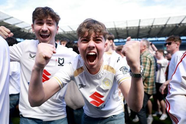 MK Dons Supporters celebrate their side s promotion to EFL League One Milton Keynes Dons v Tranmere Rovers, EFL Sky Bet League Two, Football, Stadium MK, Milton Keynes, UK - 25 Apr 2026Milton Keynes Stadium MK United Kingdom EDITORIAL USE ONLY No use with unauthorised audio, video, data, fixture lists, club league logos or live services. Online in-match use limited to 120 images, no video emulation. No use in betting, games or single club league player publications. Copyright: xGeorgexTewkesbury Shutterstockx 16838787av
