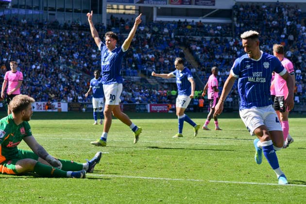 Football - 2025 2026 EFL Sky Bet League One - Cardiff City vs. Northampton Town - Cardiff City Stadium - Saturday 24th April 2026 celebrates scoring his team s third goal Pic- COLORSPORT Winston Bynorth 