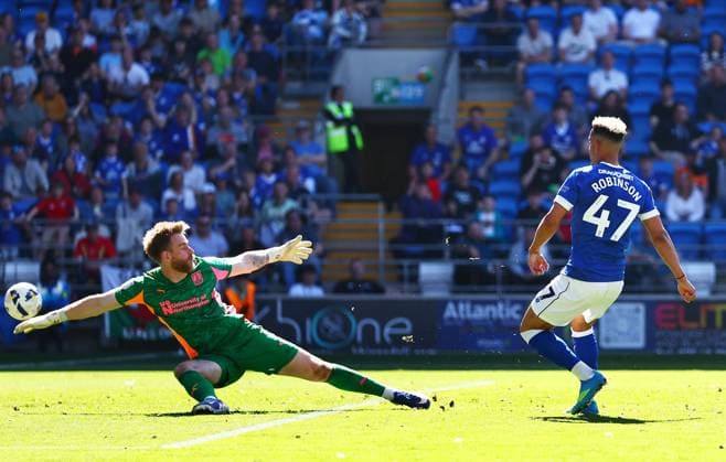 Callum Robinson of Cardiff City scores a goal to make the score 3-0. Cardiff City v Northampton Town, EFL Sky Bet League One, Football, Cardiff City Stadium, Cardiff, UK - 25 Apr 2026Cardiff Cardiff City Stadium United Kingdom EDITORIAL USE ONLY No use with unauthorised audio, video, data, fixture lists, club league logos or live services. Online in-match use limited to 120 images, no video emulation. No use in betting, games or single club league player publications. Copyright: xJamesxMarsh Shutterstockx 16838783ag