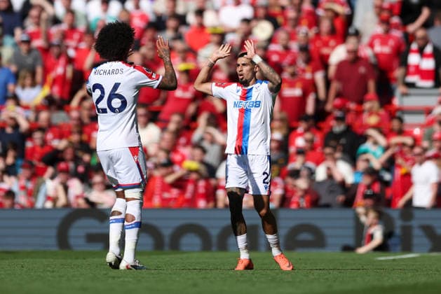 Liverpool, England, 25th April 2026. Daniel Munoz of Crystal Palace celebrates scoring his team™s first goal with teammate Chris Richards during the Liverpool vs Crystal Palace Premier League match at Anfield, Liverpool. Picture credit should read: Jessica Hornby Sportimage EDITORIAL USE ONLY. No use with unauthorised audio, video, data, fixture lists, club league logos or live services. Online in-match use limited to 120 images, no video emulation. No use in betting, games or single club league player publications. SPI_047_JH_LIVERPOOL_CRYSTAL_PALACE SPI-4733-0047