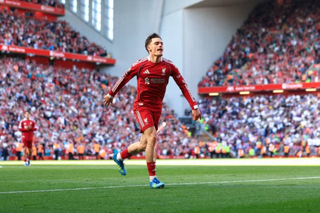 Liverpool, England, 25th April 2026. Florian Wirtz of Liverpool celebrates scoring his team™s third goal during the Liverpool vs Crystal Palace Premier League match at Anfield, Liverpool. Picture credit should read: Jessica Hornby Sportimage EDITORIAL USE ONLY. No use with unauthorised audio, video, data, fixture lists, club league logos or live services. Online in-match use limited to 120 images, no video emulation. No use in betting, games or single club league player publications. SPI_050_JH_LIVERPOOL_CRYSTAL_PALACE SPI-4733-0050