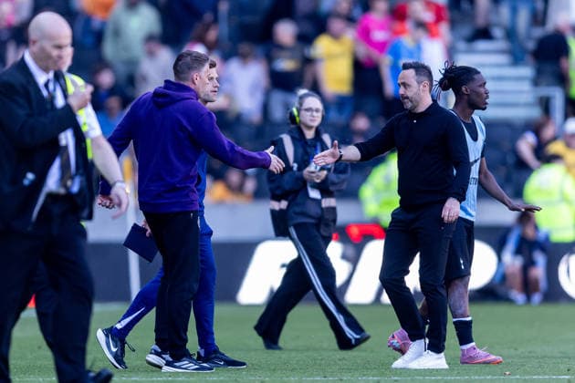 Wolverhampton Wanderers v Tottenham Hotspur, Premier League Tottenham Hotspur Head Coach Roberto De Zerbi shakes hands with Wolverhampton Wanderers Head Coach Rob Edwards after the Premier League match between Wolverhampton Wanderers and Tottenham Hotspur at Molineux, Wolverhampton, UK on 25 April 2026. Wolverhampton Molineux West Midlands UK Editorial use only DataCo restrictions apply See www.football-dataco.com , Copyright: xManjitxNarotrax PSI-24154-0035