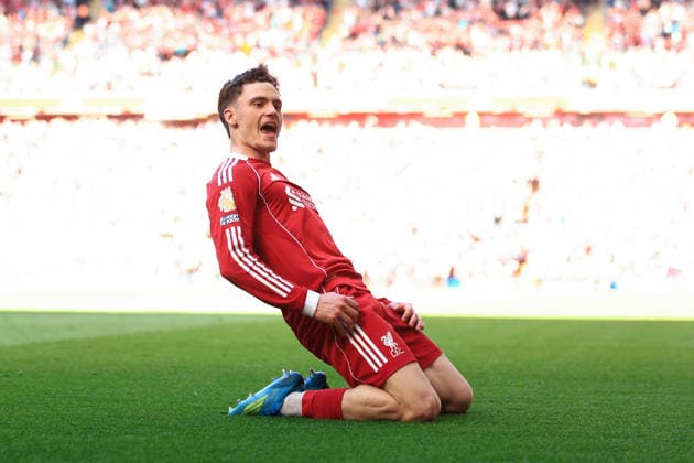 Liverpool, England, 25th April 2026. Florian Wirtz of Liverpool celebrates scoring his team™s third goal during the Liverpool vs Crystal Palace Premier League match at Anfield, Liverpool. Picture credit should read: Jessica Hornby Sportimage EDITORIAL USE ONLY. No use with unauthorised audio, video, data, fixture lists, club league logos or live services. Online in-match use limited to 120 images, no video emulation. No use in betting, games or single club league player publications. SPI_057_JH_LIVERPOOL_CRYSTAL_PALACE SPI-4733-0057