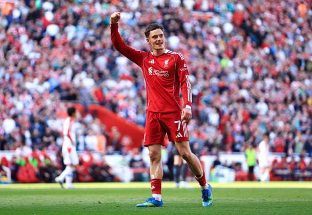 Liverpool, England, 25th April 2026. Florian Wirtz of Liverpool celebrates scoring his team™s third goal during the Liverpool vs Crystal Palace Premier League match at Anfield, Liverpool. Picture credit should read: Jessica Hornby Sportimage EDITORIAL USE ONLY. No use with unauthorised audio, video, data, fixture lists, club league logos or live services. Online in-match use limited to 120 images, no video emulation. No use in betting, games or single club league player publications. SPI_059_JH_LIVERPOOL_CRYSTAL_PALACE SPI-4733-0059