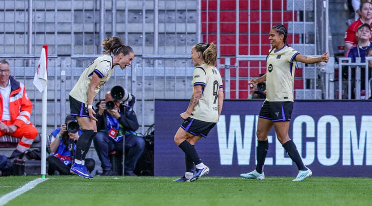 GER, Munich, Bayern Munich vs FC Barcelona, WomenÂs Champions League, Football, UEFA, 2025 2026 season, Allianz Arena, semi-final, first leg in picture Ewa Pajor FC Barcelona 17 goal, joy, jubilation and emotion, goal DFB DFL REGULATIONS PROHIBIT ANY USE OF PHOTOGRAPHS AS IMAGE SEQUENCES AND OR QUASI VIDEO, 25 04 2026 Copyright: HMBxMedia HendrikxHamelau