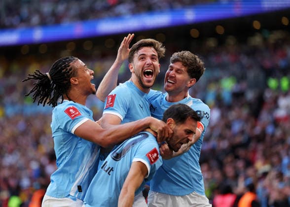RECORD DATE NOT STATED 25th April 2026; Wembley Stadium, London, England; FA Cup Football, Manchester City versus Southampton; Nico Gonzalez of Manchester City celebrating with his team mates after scoring his sides 2nd goal in the 87th minute to make it 2-1 JPxFletcher
