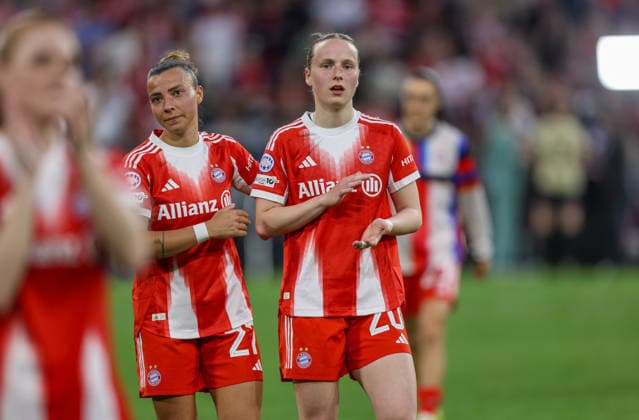 GER, Munich, Bayern Munich vs FC Barcelona, WomenÂs Champions League, Football, UEFA, 2025 2026 season, Allianz Arena, semi-final, first leg pictured from left Arianna Caruso Bayern Munich 27 and Franziska Kett Bayern Munich 20 after the match DFB DFL REGULATIONS PROHIBIT ANY USE OF PHOTOGRAPHS AS IMAGE SEQUENCES AND OR QUASI VIDEO, 25 04 2026 Copyright: HMBxMedia HendrikxHamelau