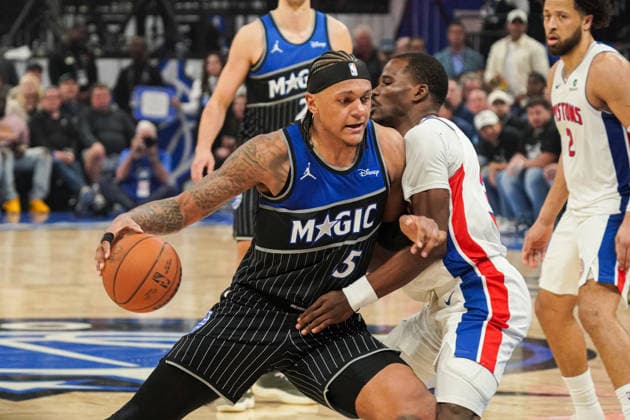 Detroit Pistons at Orlando Magic, Orlando, Florida, USA Orlando, Florida, USA, April 25, 2026, Orlando Magic s Paolo Banchero 5 rushing upcourt at the Kia Center. Copyright: xMartyxJean-Louisx