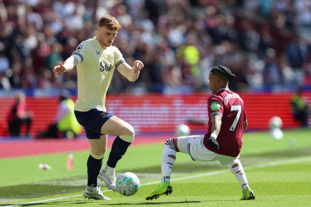 LONDON, ENGLAND, APRIL 25: Jake O Brien of Everton receives pressure from Crysencio Summerville of West Ham United during the Premier League match between West Ham United and Everton at London Stadium on April 25th, 2026 in London, England (Photo by Alexander Canillas Sports Press Photo) Copyright: xAlexanderxCanillas SPPx Sportspressphoto_SPR136060