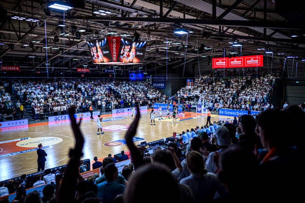 easycredit BBL Basketball Bundesliga 2025 2026 31 Matchday 25 04 2026 Science City Jena vs VET CONCEPT Gladiators Trier View of the Sparkassen Arena Jena Matchday motto all in white for the fans of Science City Jena Sparkassen Arena