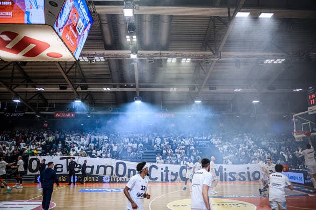 easycredit BBL Basketball Bundesliga 2025 2026 31 Matchday 25 04 2026 Science City Jena vs VET CONCEPT Gladiators Trier The fans of Jena with a banner One Team One City One Mission before the important home game Sparkassen Arena