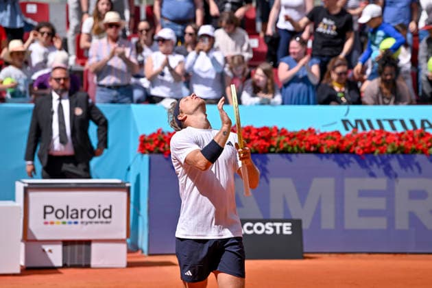 April 25, 2026, Madrid, Spain: ALEJANDRO DAVIDOVICH FOKINA (26) of Spain reacts after winning during the Mutua Madrid Open 2026, ATP, Tennis Herren Masters 1000, at Caja Magica, Saturday in a 2nd round match against fellow Spaniard P. Busta. Tennis 2026: ATP Madrid Open: 2nd RD: FOKINA 6:3 6:3 BUSTA  - ZUMAc312 20260425_zsp_c312_121 Copyright: xOscarxManuelxSanchezx