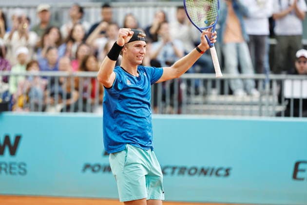 Nicolai Budkov Kjaer (NOR), APRIL 25, 2026 - Tennis : Kjaer celebrate after winning singles Round of 64 match against Denis Shapovalov on the ATP, Tennis Herren tour Masters 1000 tournaments Mutua Madrid Open tennis tournament at the Caja Magica in Madrid, Spain. Noxthirdxpartyxsales  aflo_328278492
