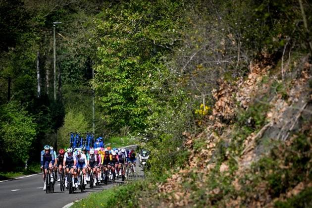 The breakaway group pictured during the men elite race of the Liege-Bastogne-Liege UCI World Tour one day cycling race, 259,5km from Liege, over Bastogne to Liege, Sunday 26 April 2026. MAARTENxSTRAETEMANS  x172058599x