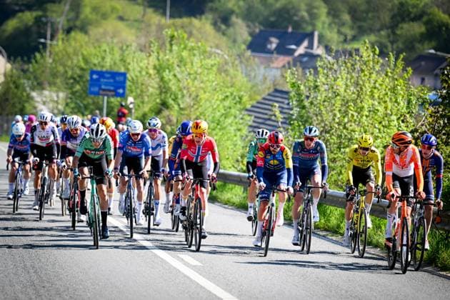 The breakaway group pictured during the men elite race of the Liege-Bastogne-Liege UCI World Tour one day cycling race, 259,5km from Liege, over Bastogne to Liege, Sunday 26 April 2026. MAARTENxSTRAETEMANS  x172059231x