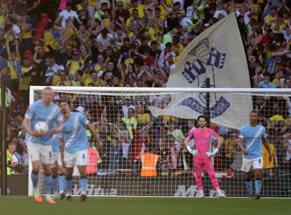 James Trafford (MC) dejection after the first Soton goal (0-1) at the Emirates FA Cup Semi-Final match Manchester City v Southampton, at Wembley Stadium, London, UK on 25th April, 2026. 