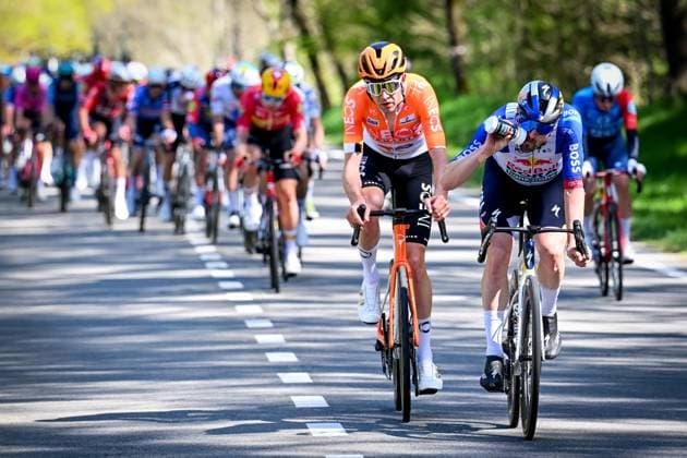 Belgian Laurens De Plus of INEOS Grenadiers and German Nico Denz of Red Bull-BORA-hansgrohe pictured in action during the men elite race of the Liege-Bastogne-Liege UCI World Tour one day cycling race, 259,5km from Liege, over Bastogne to Liege, Sunday 26 April 2026. MAARTENxSTRAETEMANS  x172061903x