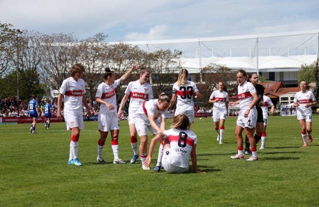 26 04 2026, Germany, Stuttgart, Soccer 2 Women Bundesliga, Matchday 15, VfB Stuttgart vs SV Meppen 1912, Cheering after the 2 0 goal, Scorer Maximiliane Rall VfB , Overview PSV Stadion with MHP Arena in the background