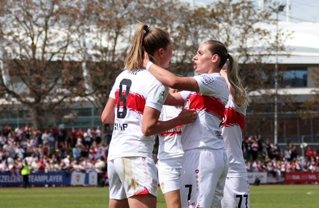 26 04 2026, Germany, Stuttgart, Soccer 2 Women Bundesliga, Matchday 15, VfB Stuttgart vs SV Meppen 1912, Cheering after the 2 0 goal, Scorer Maximiliane Rall VfB , right Daphina Redzepi VfB