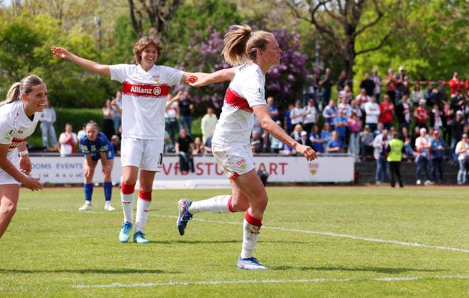 26 04 2026, Germany, Stuttgart, Soccer 2 Womens Bundesliga, Matchday 15, VfB Stuttgart vs SV Meppen 1912, Cheering after the 2 0 goal, Scorer Maximiliane Rall VfB