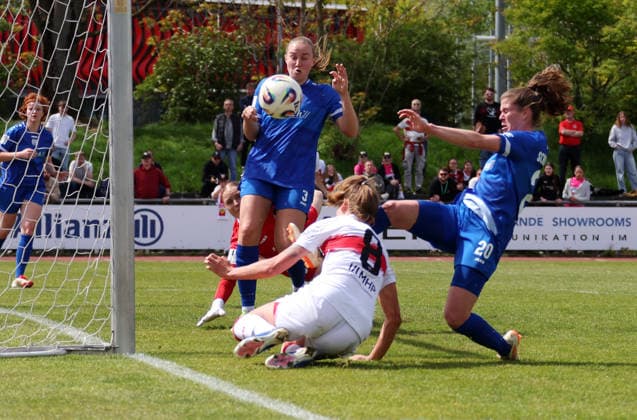 26 04 2026, Germany, Stuttgart, Soccer 2 Women Bundesliga, Matchday 15, VfB Stuttgart vs SV Meppen 1912, 2 0 Goal, f l Nina Rolfes SVM , Scorer Maximiliane Rall VfB , Chantal Schouwstra SVM