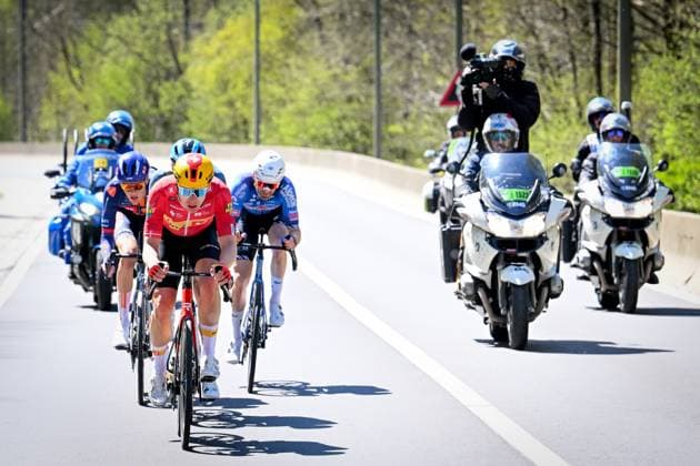 Danish Alexander Kamp Egested of Uno-X Mobility, Dutch Pascal Eenkhoorn of Soudal Quick-Step, French Baptiste Veistroffer of Lotto-Intermarche, Dutch Gijs Leemreize of Team Picnic PostNL and Hugo Houle of Israel - Premier Tech pictured in action during the men elite race of the Liege-Bastogne-Liege UCI World Tour one day cycling race, 259,5km from Liege, over Bastogne to Liege, Sunday 26 April 2026. MAARTENxSTRAETEMANS  x172073453x