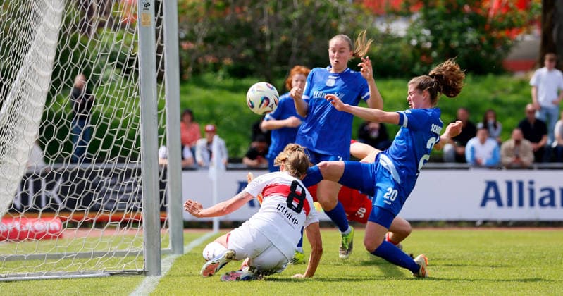 26 04 2026, Germany, Stuttgart, Soccer 2 Women Bundesliga, Matchday 15, VfB Stuttgart vs SV Meppen 1912, 2 0 Goal, f l Nina Rolfes SVM , Scorer Maximiliane Rall VfB , Chantal Schouwstra SVM