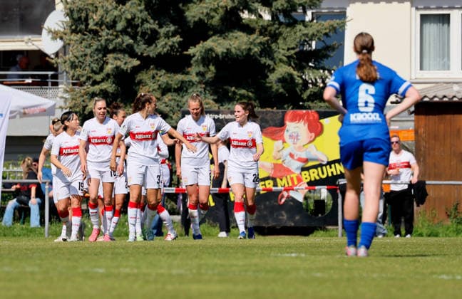 26 04 2026, Germany, Stuttgart, Soccer 2 Womens Bundesliga, Matchday 15, VfB Stuttgart vs SV Meppen 1912, Cheering after the 1 0 goal, Scorer Nicole Billa VfB