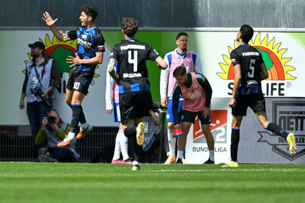 Paderborn, Home Deluxe Arena, 26 04 26, GER, Herren, 2 Bundesliga, Saison 2025 2026, SC Paderborn 07 FC Schalke 04 Bild Stefano MARINO Paderborn jubilates after his goal for 2 0 DFL regulations prohibit any use of photographs as image sequences and or quasi video NRW Germany