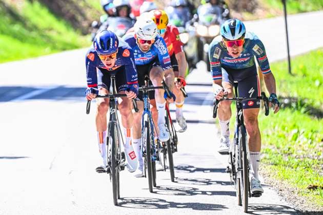 Liege Bastogne Liege 2026 Cycling Race LIEGE, BELGIUM - APRIL 26 : Eenkhoorn Pascal (NED) of Soudal Quick Step, Leemreize Gijs (NED) of Team Picnic PostNL in the escape pack during the 112th edition of Liege Bastogne Liege an UCI World Tour 1.UWT one day cycling road race for Men Elite of 260 km with start in Liege and finish in Liege on April 26, 2026 in Liege, Belgium, 26 04 2026 ( Motordriver Guy De Vuyst - Liege Belgium  Copyright: xVincentxKalutx