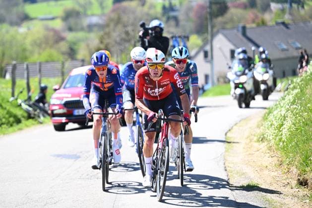 Liege Bastogne Liege 2026 Cycling Race LIEGE, BELGIUM - APRIL 26 : Veistroffer Baptiste (FRA) of Lotto Intermarche leading the escape pack, Eenkhoorn Pascal (NED) of Soudal Quick Step during the 112th edition of Liege Bastogne Liege an UCI World Tour 1.UWT one day cycling road race for Men Elite of 260 km with start in Liege and finish in Liege on April 26, 2026 in Liege, Belgium, 26 04 2026 ( Motordriver Guy De Vuyst - Liege Belgium  Copyright: xVincentxKalutx