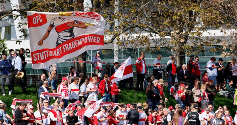 26 04 2026, Germany, Stuttgart, Soccer 2 Womens Bundesliga, Matchday 15, VfB Stuttgart vs SV Meppen 1912, Womens power flag, Spectators, Fans VfB