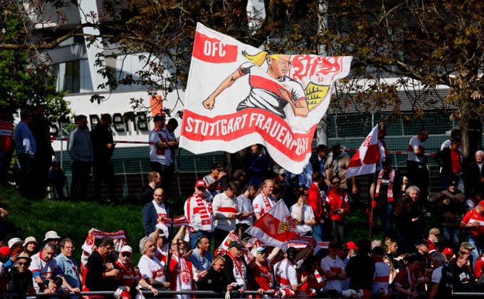 26 04 2026, Germany, Stuttgart, Soccer 2 Womens Bundesliga, Matchday 15, VfB Stuttgart vs SV Meppen 1912, Womens power flag, Spectators, Fans VfB