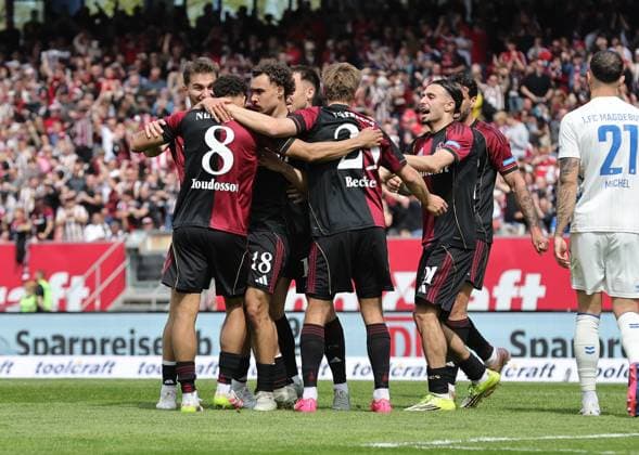26 04 2026 Soccer Season 2025 2026 2 Soccer Bundesliga 31 Matchday 1 FC Nürnberg FCN Club 1 FC Magdeburg FCM Sportfoto Zink DaMa xdaxmax DFL regulations prohibit any use of photographs as image sequences and or quasi video only for editorial use Jubel Freude Torjubel nach Tor zum 1 0 Rafael Lubach 18, 1 FC Nürnberg FCN und Mannschaft Team jubelt freut sich Torschütze Rafael Lubach 18, 1 FC Nürnberg FCN