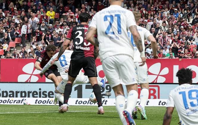 26 04 2026 Soccer Season 2025 2026 2 Soccer Bundesliga 31 Matchday 1 FC Nuremberg FCN Club 1 FC Magdeburg FCM Sportfoto Zink DaMa xdaxmax DFL regulations prohibit any use of photographs as image sequences and or quasi video only for editorial use Tor Treffer Torschuß zum 1 0 Torschütze Rafael Lubach 18, 1 FC Nuremberg FCN