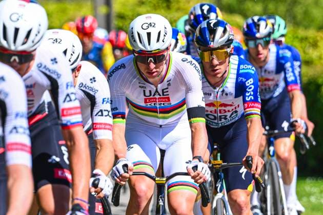 Liege Bastogne Liege 2026 Cycling Race LIEGE, BELGIUM - APRIL 26 : Pogacar Tadej (SLO) of UAE Team Emirates XRG and Evenepoel Remco (BEL) of Red Bull BORA Hansgrohe in action during the 112th edition of Liege Bastogne Liege an UCI World Tour 1.UWT one day cycling road race for Men Elite of 260 km with start in Liege and finish in Liege on April 26, 2026 in Liege, Belgium, 26 04 2026 ( Motordriver Guy De Vuyst - Liege Belgium  Copyright: xVincentxKalutx
