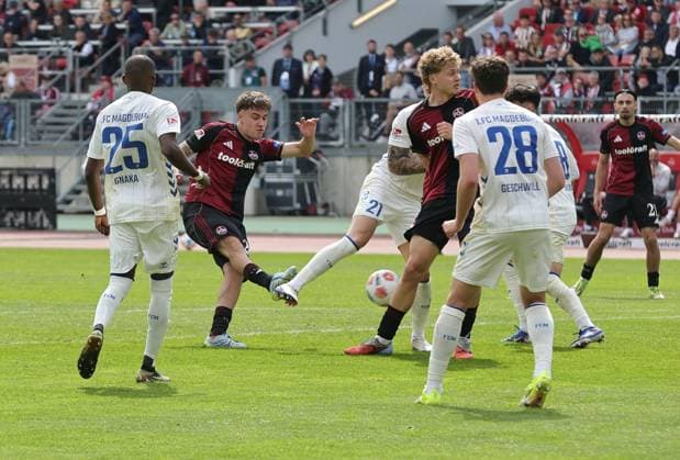 26 04 2026 Soccer Season 2025 2026 2 Soccer Bundesliga 31 Matchday 1 FC Nuremberg FCN Club 1 FC Magdeburg FCM Sportfoto Zink DaMa xdaxmax DFL regulations prohibit any use of photographs as image sequences and or quasi video only for editorial use Javier Fernandez 20, 1 FC Nuremberg FCN with shot on goal