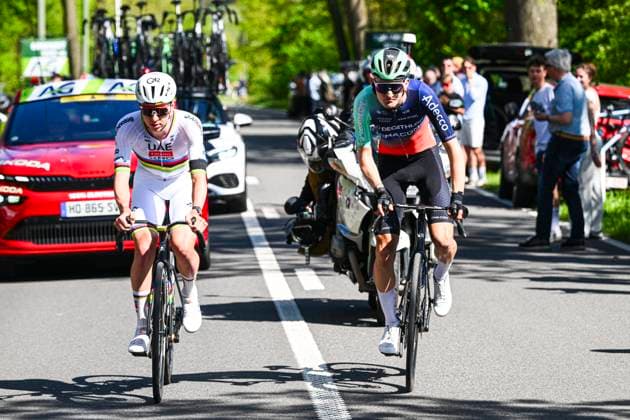 Liege Bastogne Liege 2026 Cycling Race LIEGE, BELGIUM - APRIL 26 : Seixas Paul (FRA) of Decathlon CMA CGM Team, Pogacar Tadej (SLO) of UAE Team Emirates XRG in the escape pack during the 112th edition of Liege Bastogne Liege an UCI World Tour 1.UWT one day cycling road race for Men Elite of 260 km with start in Liege and finish in Liege on April 26, 2026 in Liege, Belgium, 26 04 2026 ( Motordriver Guy De Vuyst - Liege Belgium  Copyright: xVincentxKalutx