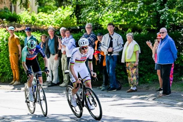 Slovenian Tadej Pogacar of UAE Team Emirates-XRG and French Paul Seixas of Decathlon CMA CGM Team pictured in action during the men elite race of the Liege-Bastogne-Liege UCI World Tour one day cycling race, 259,5km from Liege, over Bastogne to Liege, Sunday 26 April 2026. MAARTENxSTRAETEMANS  x172085720x
