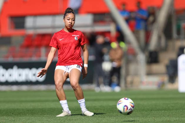 Nicole Ojukwu SC Freiburg warming up during the Woman Bundesliga match between Bayer 04 Leverkusen and SC Freiburg, Ulrich Haberland Stadion on April 26, 2026 in Leverkusen, Germany Photo by Oliver Kaelke DeFodi Images Nicole Ojukwu SC Freiburg warm s up during the Woman Bundesliga match between Bayer 04 Leverkusen and SC Freiburg at Ulrich Haberland Stadion on April 26, 2026 in Leverkusen, Germany Photo by Oliver Kaelke DeFodi Images DFL regulations prohibit any use of photographs as image sequences and or quasi video Photo by Oliver Kaelke DeFodi Images