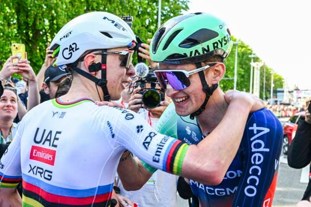 Liege Bastogne Liege 2026 Cycling Race LIEGE, BELGIUM - APRIL 26 : Pogacar Tadej (SLO) of UAE Team Emirates XRG and Seixas Paul (FRA) of Decathlon CMA CGM Team after the race during the 112th edition of Liege Bastogne Liege an UCI World Tour 1.UWT one day cycling road race for Men Elite of 260 km with start in Liege and finish in Liege on April 26, 2026 in Liege, Belgium, 26 04 2026 ( Motordriver Guy De Vuyst - Liege Belgium  Copyright: xVincentxKalutx
