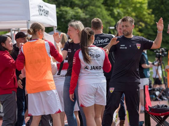 Lisa Lang VfB Stuttgart, Manager Sports Organization Womens Football and Nico Schneck VfB Stuttgart, Coach after the 2 0 victory GER, VfB Stuttgart vs SV Meppen, Football, 2 Womens Bundesliga, Matchday 23, Season 2025 2026, 26 04 2026 GER, VfB Stuttgart vs SV Meppen, Football, 2 Womens Bundesliga, Matchday 23, Season 2025 2026, 26 04 2026 Stuttgart Copyright: xEibner-Pressefoto CarstenxSchwerx EP_CSG