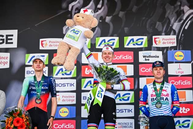 Liege Bastogne Liege 2026 Cycling Race LIEGE, BELGIUM - APRIL 26 : Seixas Paul (FRA) of Decathlon CMA CGM Team, Pogacar Tadej (SLO) of UAE Team Emirates XRG, Evenepoel Remco (BEL) of Red Bull BORA Hansgrohe on the podium during the 112th edition of Liege Bastogne Liege an UCI World Tour 1.UWT one day cycling road race for Men Elite of 260 km with start in Liege and finish in Liege on April 26, 2026 in Liege, Belgium, 26 04 2026 ( Motordriver Guy De Vuyst - Liege Belgium  Copyright: xVincentxKalutx