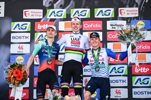 Liege Bastogne Liege 2026 Cycling Race LIEGE, BELGIUM - APRIL 26 : Seixas Paul (FRA) of Decathlon CMA CGM Team, Pogacar Tadej (SLO) of UAE Team Emirates XRG, Evenepoel Remco (BEL) of Red Bull BORA Hansgrohe on the podium during the 112th edition of Liege Bastogne Liege an UCI World Tour 1.UWT one day cycling road race for Men Elite of 260 km with start in Liege and finish in Liege on April 26, 2026 in Liege, Belgium, 26 04 2026 ( Motordriver Guy De Vuyst - Liege Belgium  Copyright: xVincentxKalutx