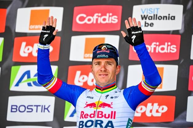 Belgian Remco Evenepoel of Red Bull-BORA-hansgrohe pictured on the podium after the men elite race of the Liege-Bastogne-Liege UCI World Tour one day cycling race, 259,5km from Liege, over Bastogne to Liege, Sunday 26 April 2026. ERICxLALMAND  x172091523x